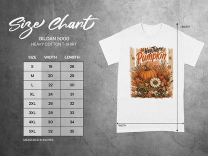 Gildan 5000 Heavy Cotton t-shirt size chart with measurements in inches.