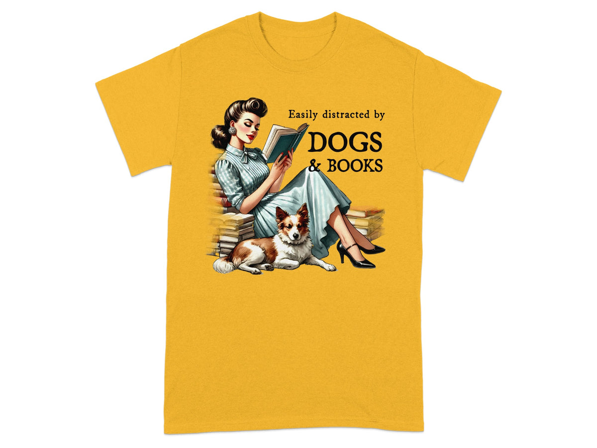 Retro woman reading books with a dog, text "Easily distracted by DOGS & BOOKS".