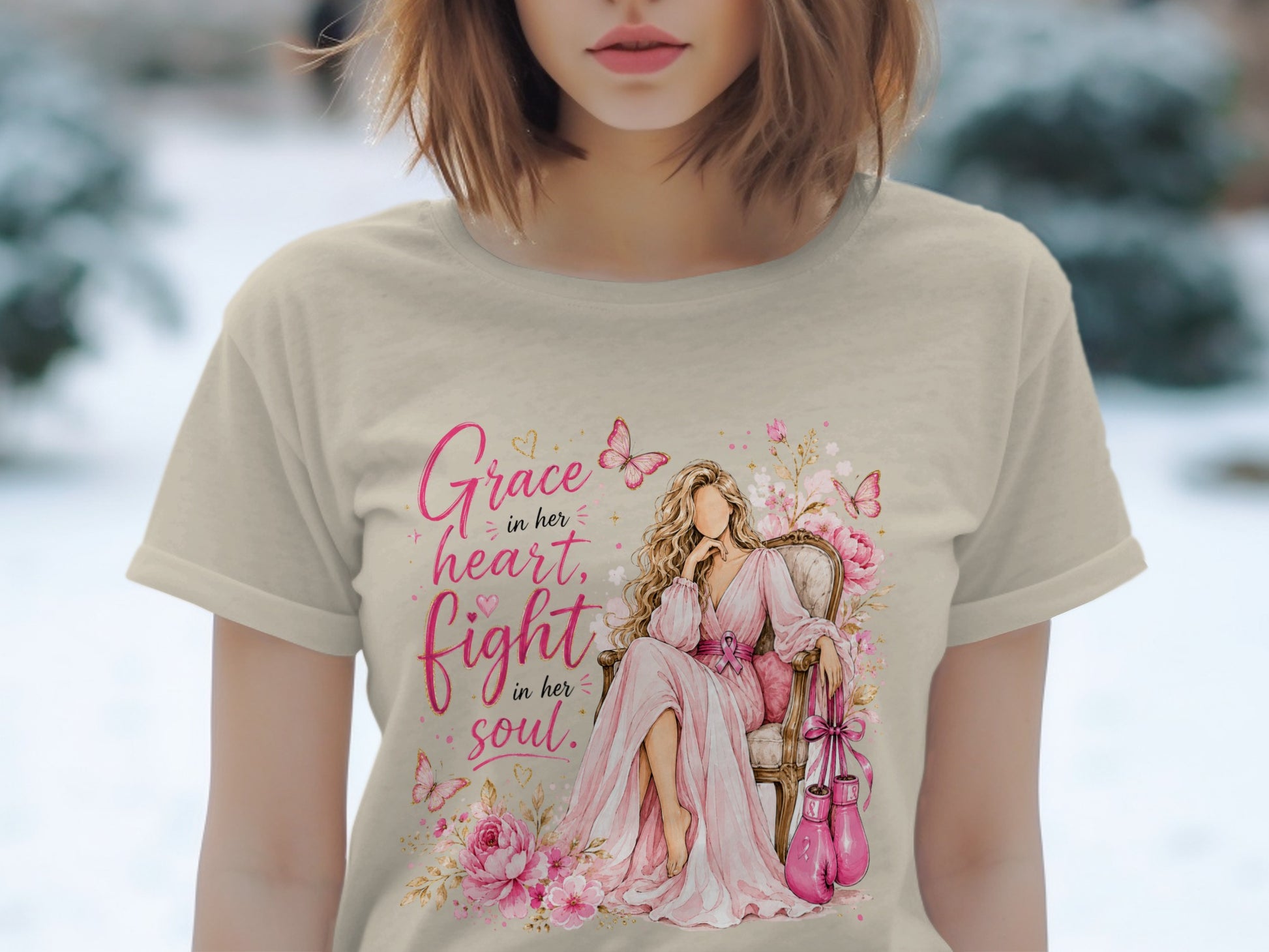 "Grace in her heart, fight in her soul" text with a woman sitting with boxing gloves
