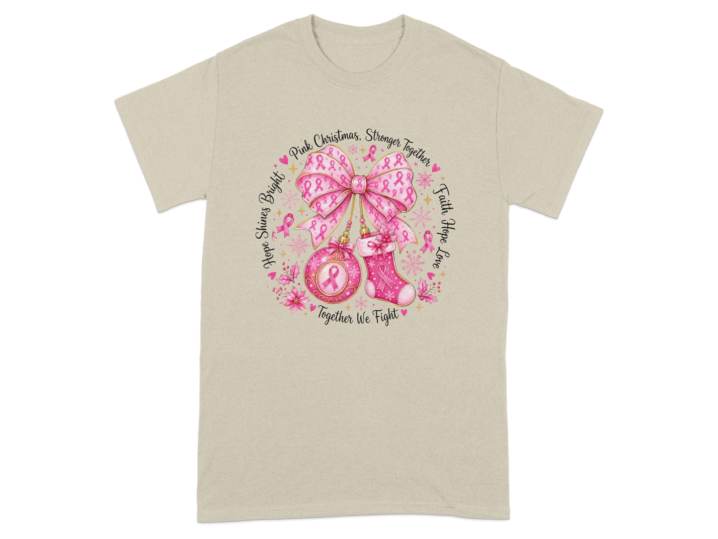 T-shirt with circular graphic featuring pink ribbons, bow, ornament, stocking, and text.