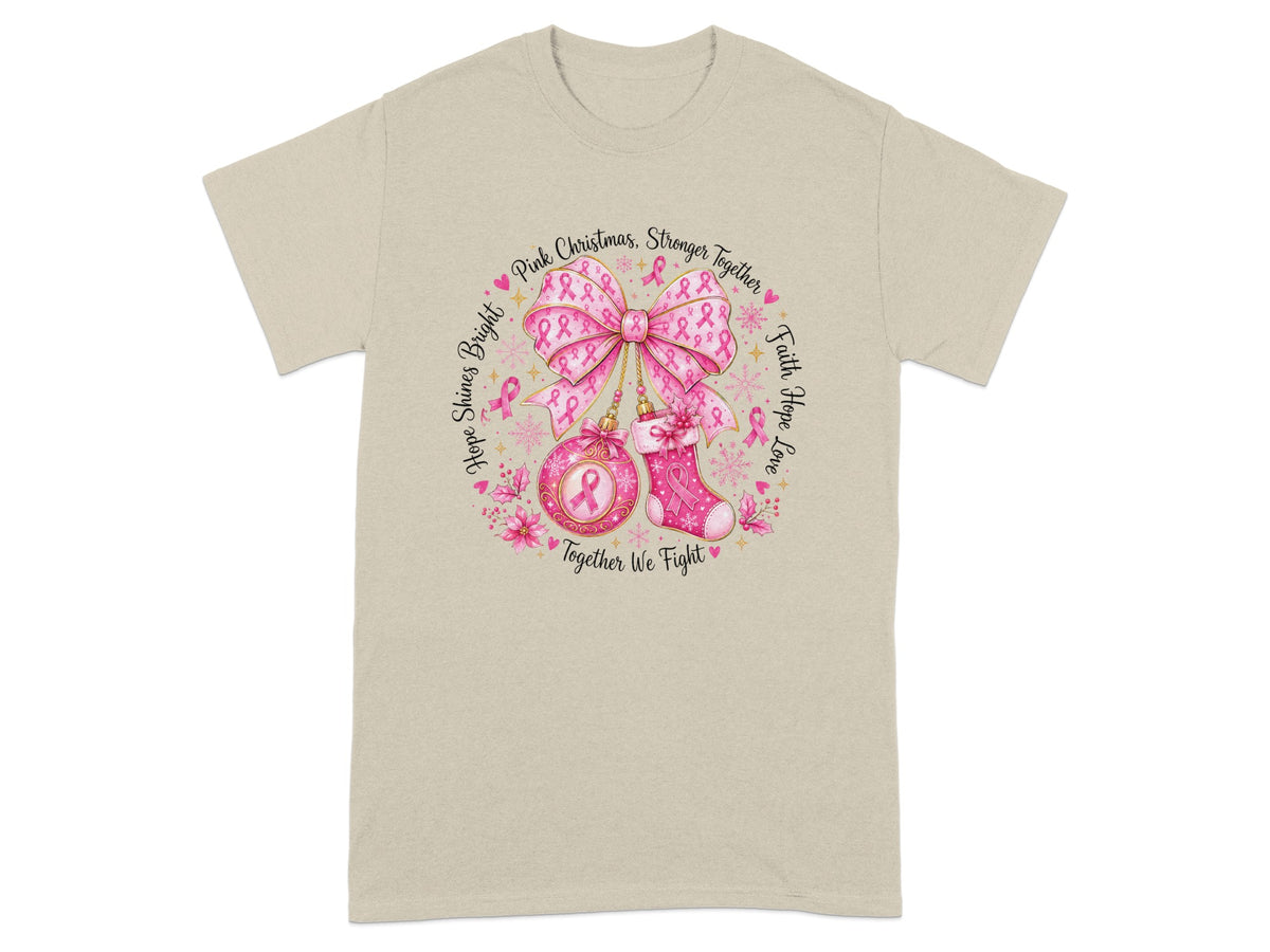 T-shirt with circular graphic featuring pink ribbons, bow, ornament, stocking, and text.