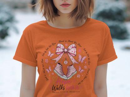 Orange t-shirt with "Hope Walks With Us" and breast cancer awareness ribbon design.