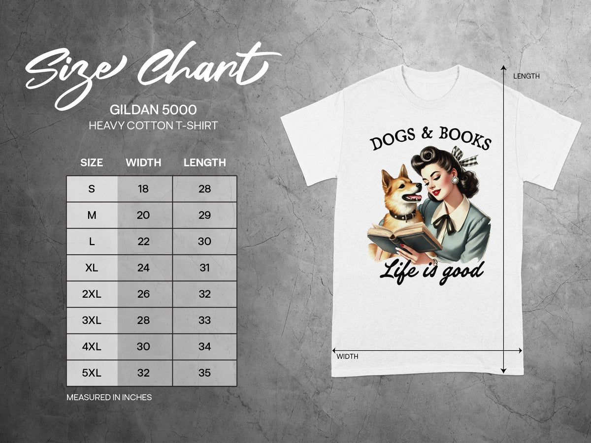 Gildan 5000 size chart for a heavy cotton t-shirt with dogs and books graphic.