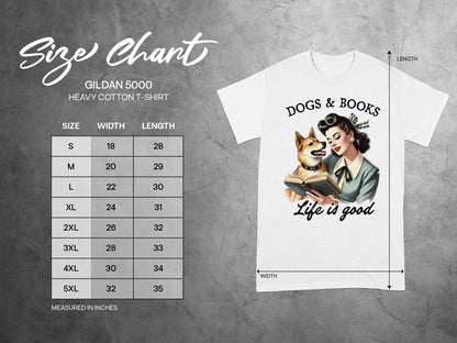 Gildan 5000 size chart for a heavy cotton t-shirt with dogs and books graphic.
