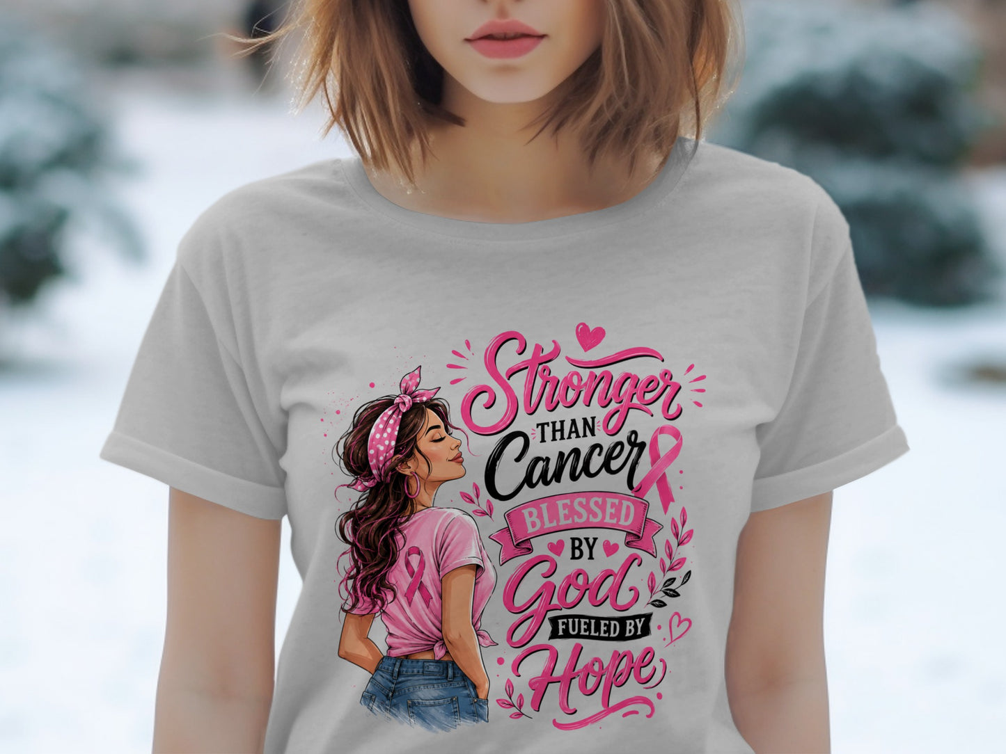 Gray t-shirt with pink text: Stronger than Cancer, Blessed by God, Fueled by Hope.