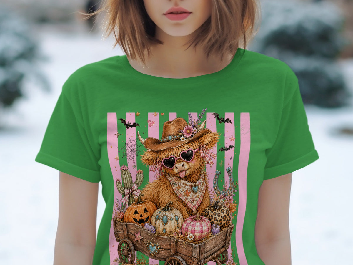 Highland cow in cowboy hat and heart sunglasses in wagon with pumpkins and bats.