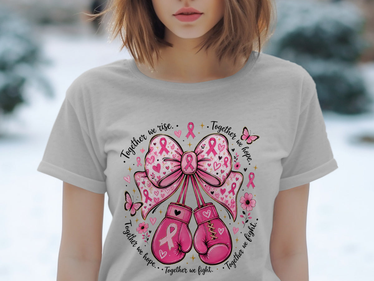 Pink boxing gloves and bow with breast cancer ribbons, hearts, and butterflies.