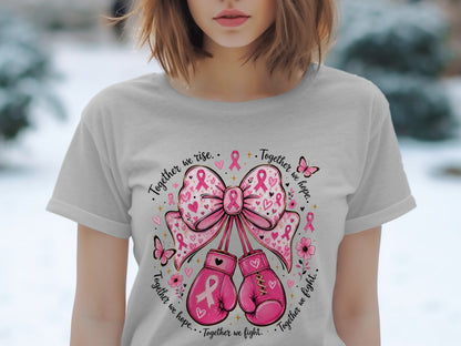 Pink boxing gloves and bow with breast cancer ribbons, hearts, and butterflies.