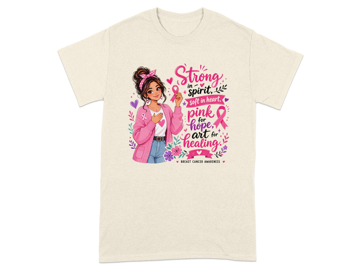 Woman holding pink ribbon with text "Strong in spirit, soft in heart, pink for hope, art for healing".