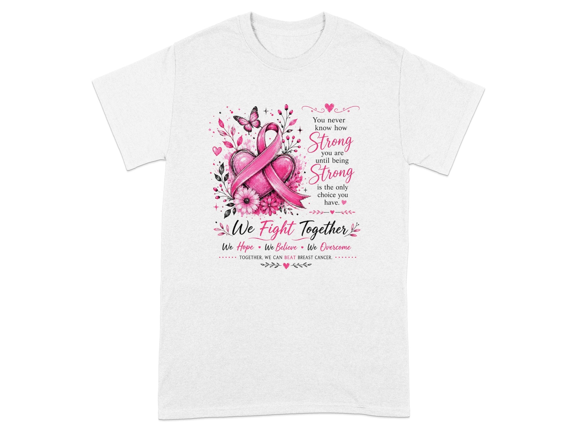 Pink breast cancer ribbon with flowers and text "We Fight Together".