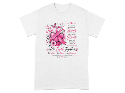 Pink breast cancer ribbon with flowers and text "We Fight Together".
