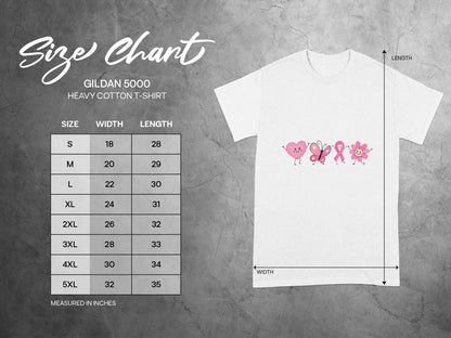 Gildan 5000 Heavy Cotton T-Shirt size chart showing width and length in inches.