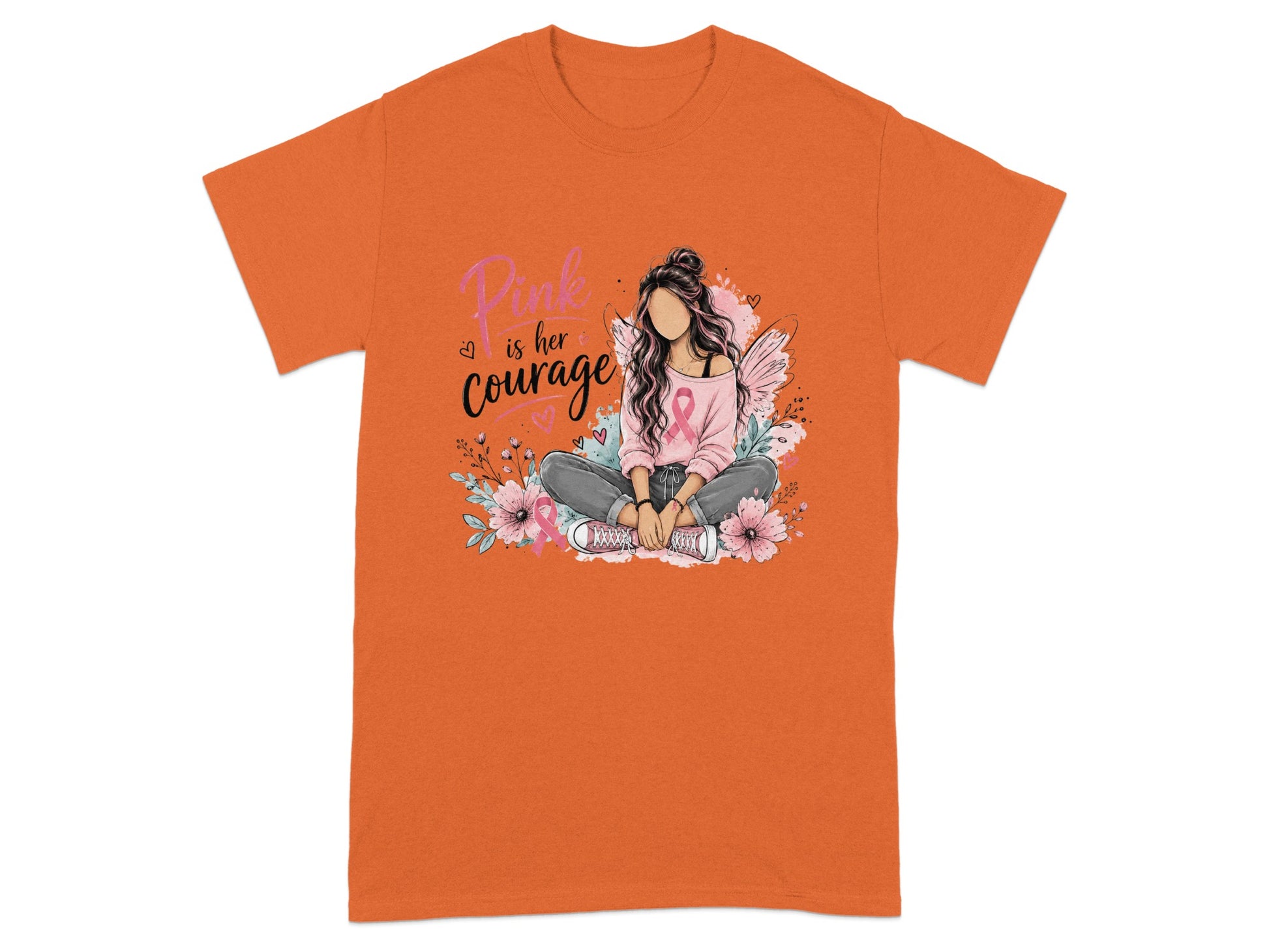 Orange t-shirt with graphic "Pink is her courage" and a seated woman with pink ribbon.