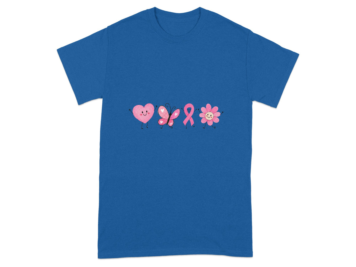 Blue t-shirt with cartoon pink heart, butterfly, ribbon, and flower.