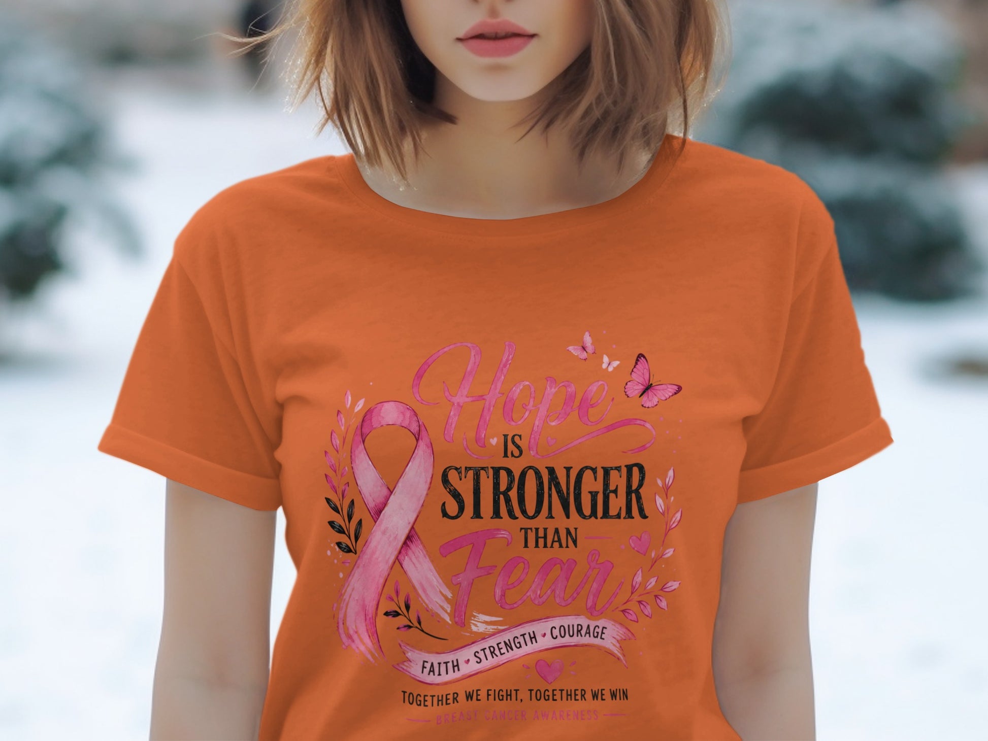 Orange t-shirt with pink ribbon and text: "Hope is stronger than fear."