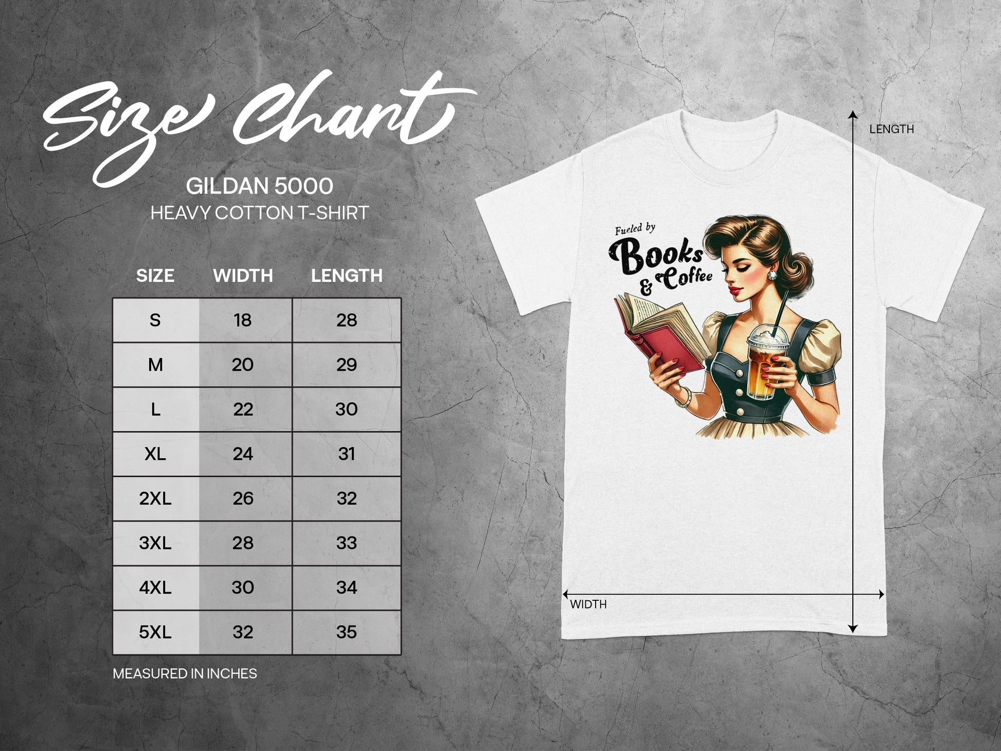 Gildan 5000 heavy cotton t-shirt size chart with width and length measurements.