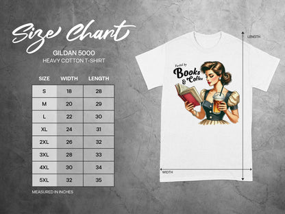 Gildan 5000 heavy cotton t-shirt size chart with width and length measurements.