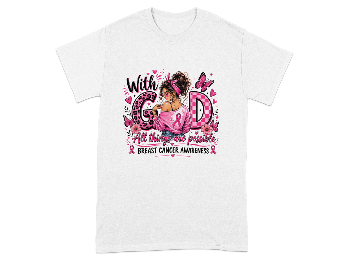 White t-shirt with breast cancer awareness graphic featuring girl and text.