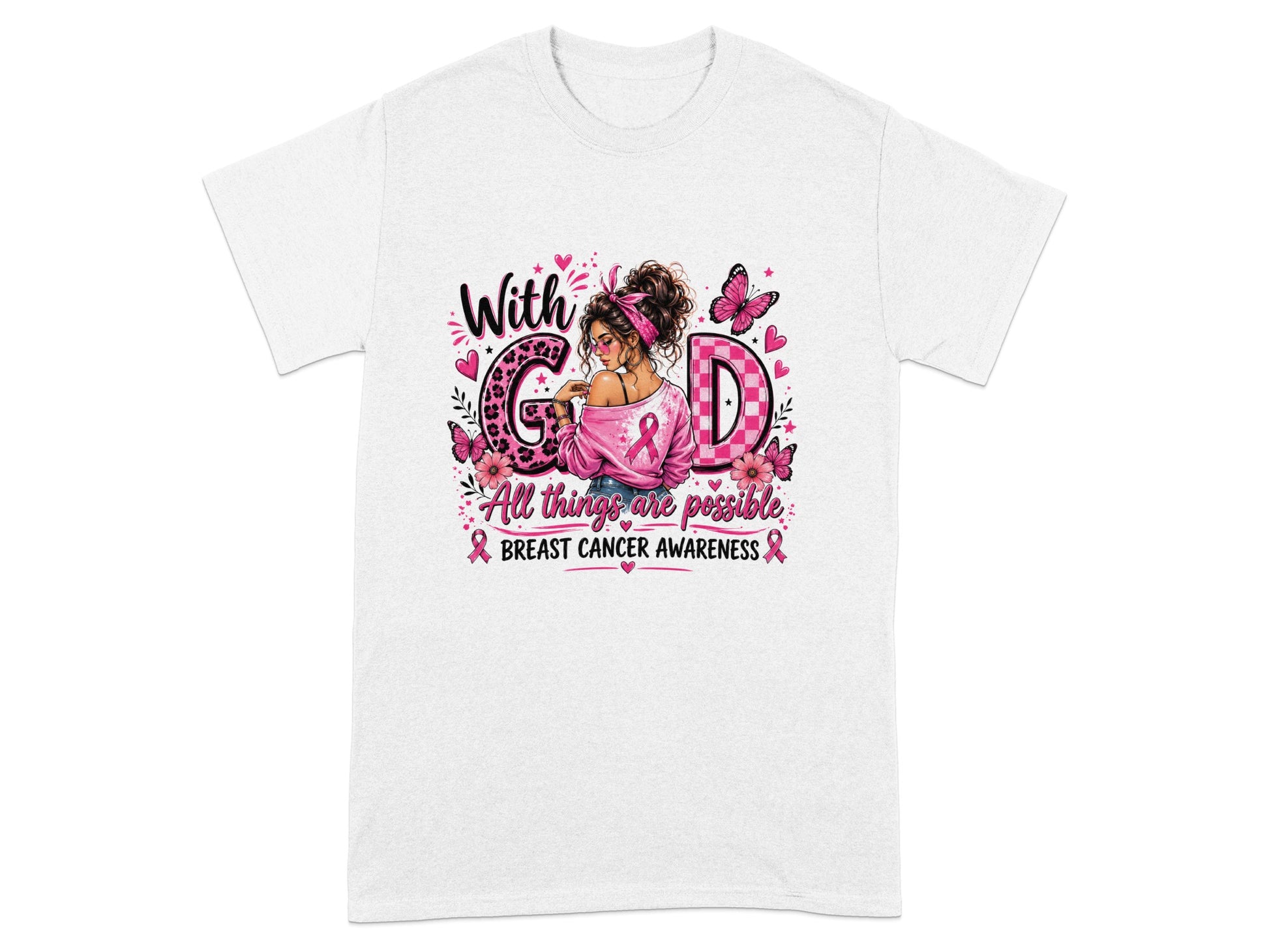 White t-shirt with breast cancer awareness graphic featuring girl and text.