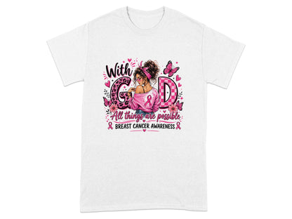 White t-shirt with breast cancer awareness graphic featuring girl and text.