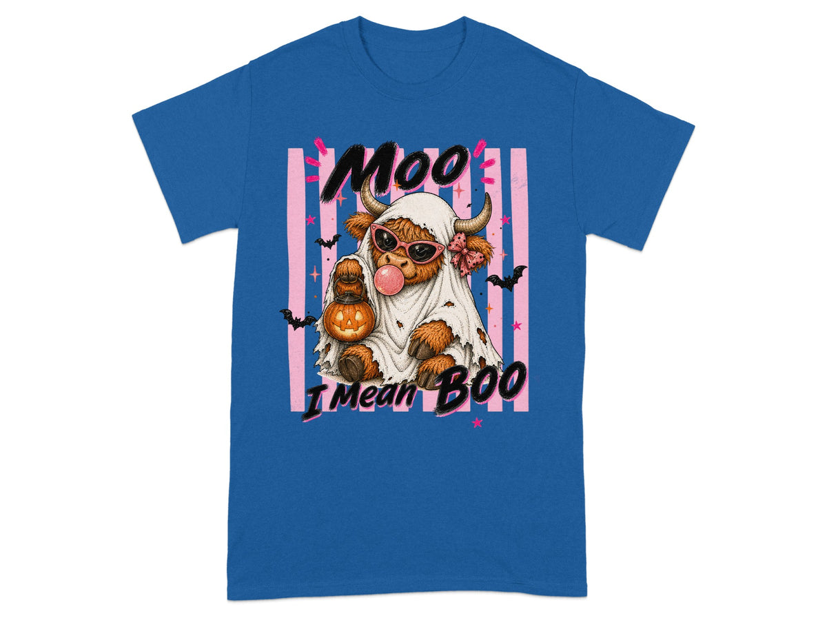 Highland cow in ghost costume with pumpkin, bubblegum, and text "Moo I Mean Boo."