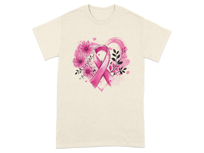 Cream t-shirt with pink ribbon, flowers, and abstract heart design.