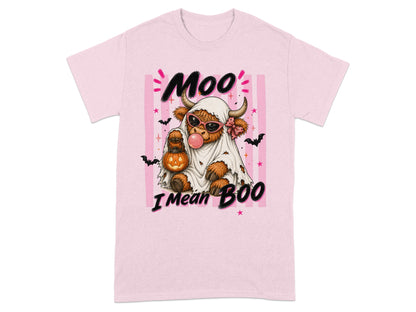 Highland cow ghost with pumpkin, bubblegum, and bats, text "Moo I Mean Boo".