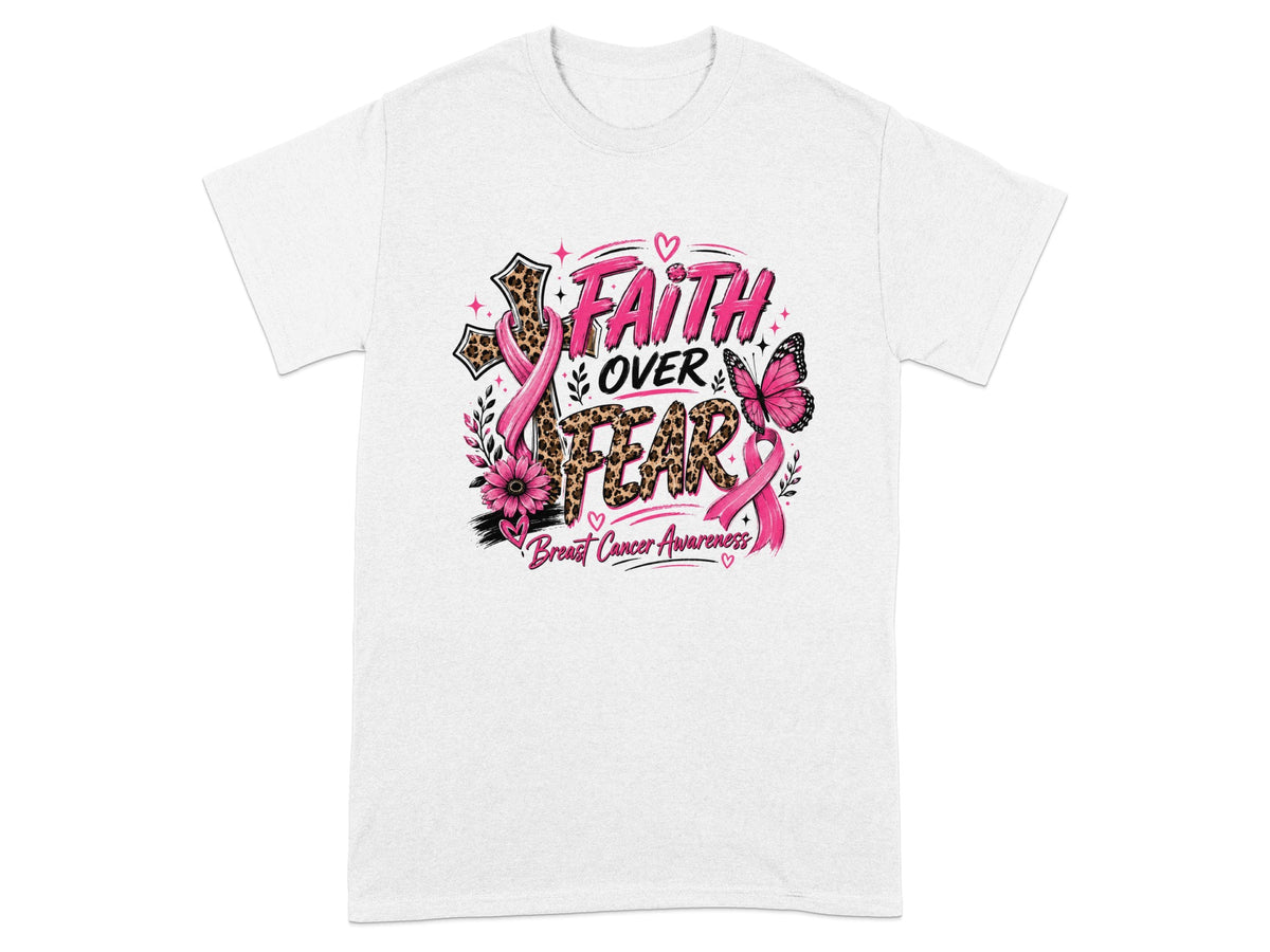White t-shirt with "Faith Over Fear" and breast cancer awareness ribbon graphic.