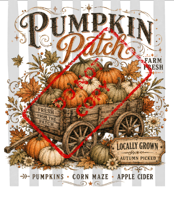 Pumpkin Patch sign with a wooden wagon overflowing with pumpkins and autumn leaves.