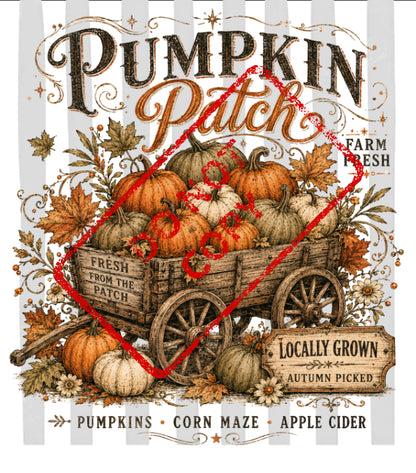 Pumpkin Patch sign with a wooden wagon overflowing with pumpkins and autumn leaves.