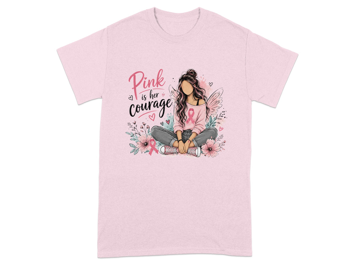 Pink is her courage graphic with a woman and pink ribbon on a pink t-shirt.