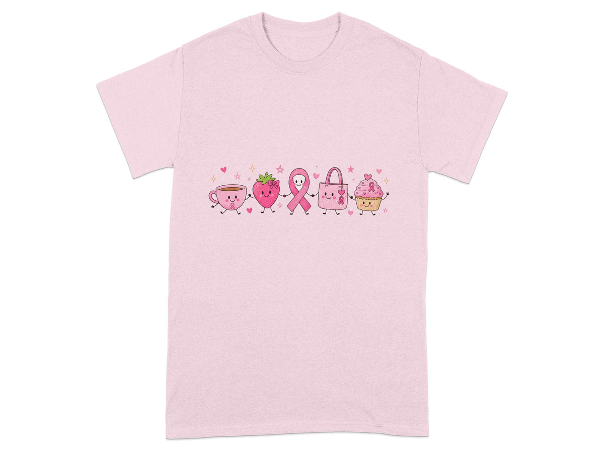 Pink t-shirt with cartoon cup, strawberry, ribbon, bag, and cupcake holding hands.