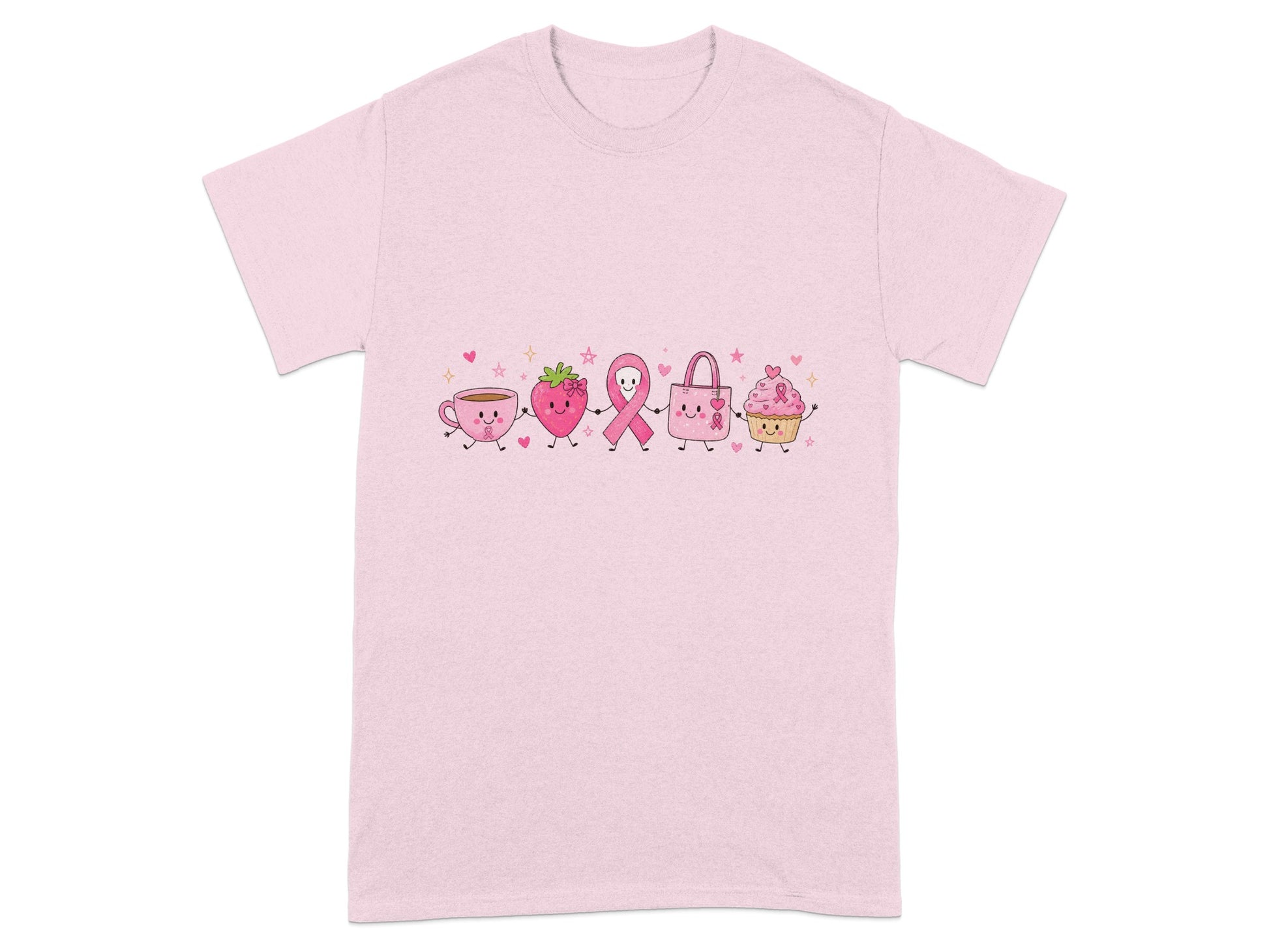 Pink t-shirt with cartoon cup, strawberry, ribbon, bag, and cupcake holding hands.