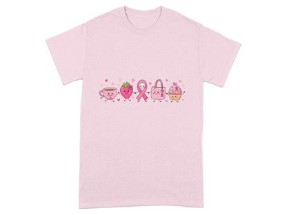 Pink t-shirt with cartoon cup, strawberry, ribbon, bag, and cupcake holding hands.