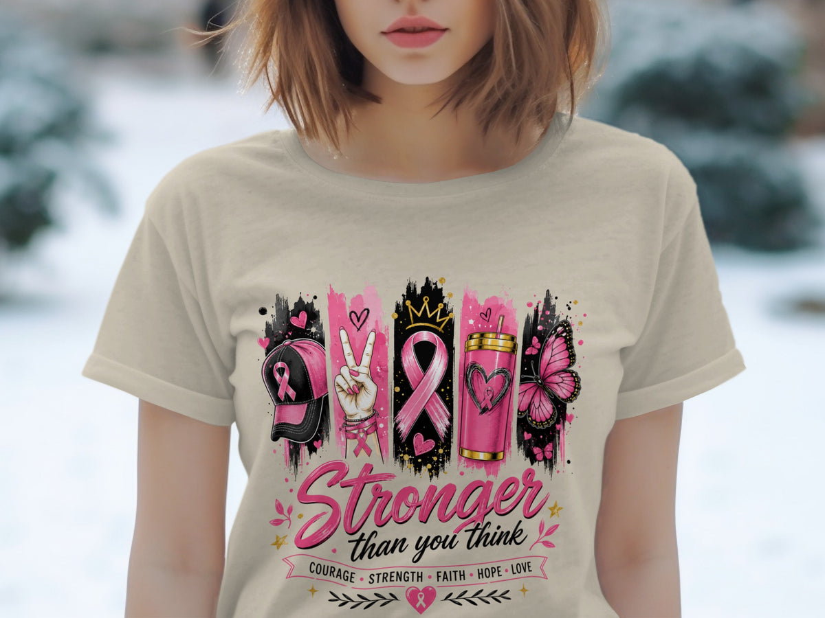 Pink breast cancer ribbon artwork with text "Stronger than you think."