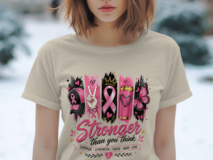 Pink breast cancer ribbon artwork with text "Stronger than you think."