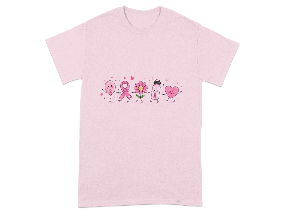 Pink t-shirt with a line of cute cartoon characters holding hands.