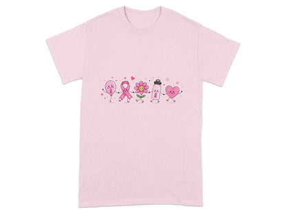 Pink t-shirt with a line of cute cartoon characters holding hands.