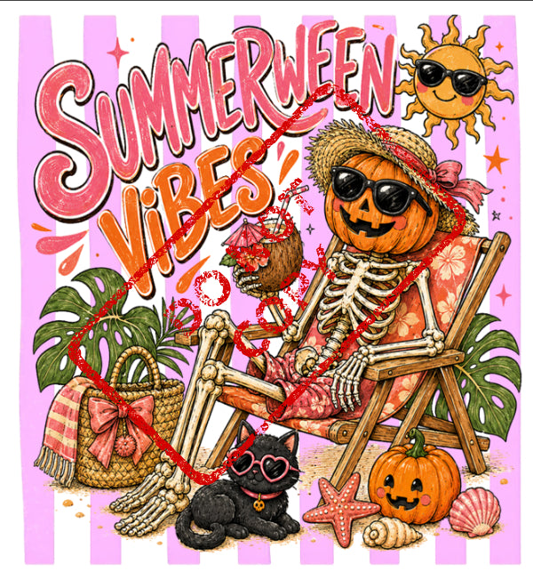 Skeleton in a lounge chair with a pumpkin head holding a coconut drink.