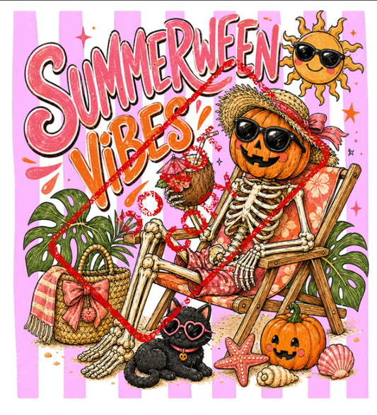 Skeleton in a lounge chair with a pumpkin head holding a coconut drink.