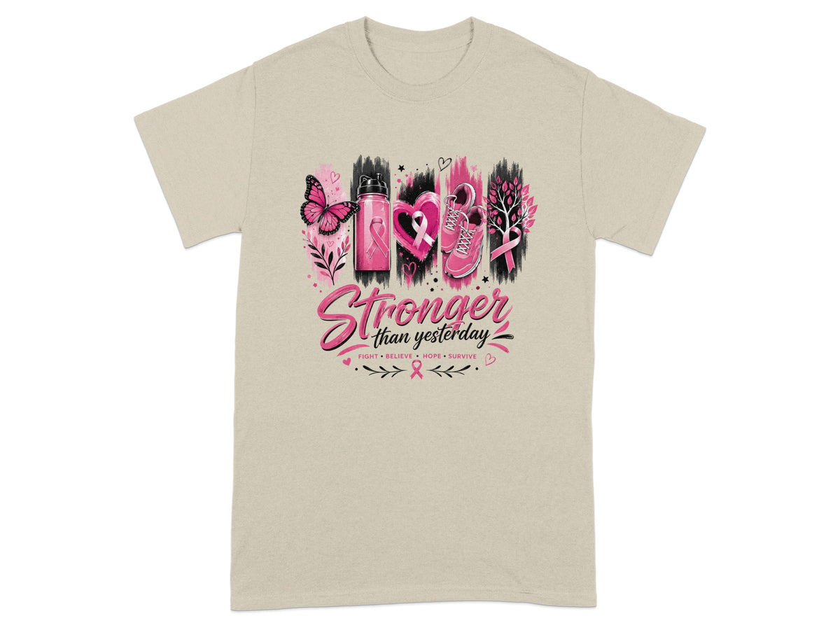 T-shirt with "Stronger than yesterday" text and breast cancer awareness graphics.