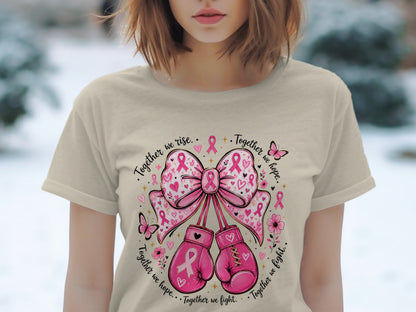 Pink boxing gloves and bow with breast cancer ribbons, hearts, and butterflies.