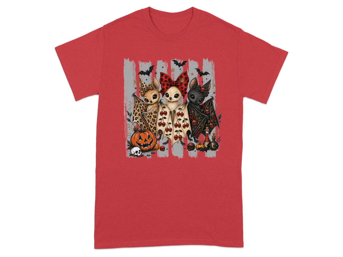 Three kawaii bats with Halloween decorations, including a pumpkin and skulls.