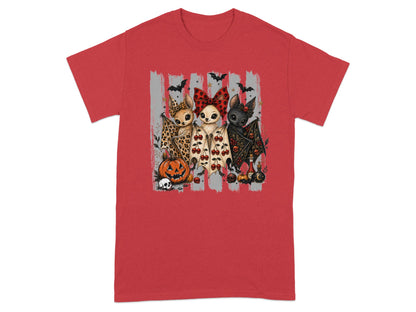 Three kawaii bats with Halloween decorations, including a pumpkin and skulls.