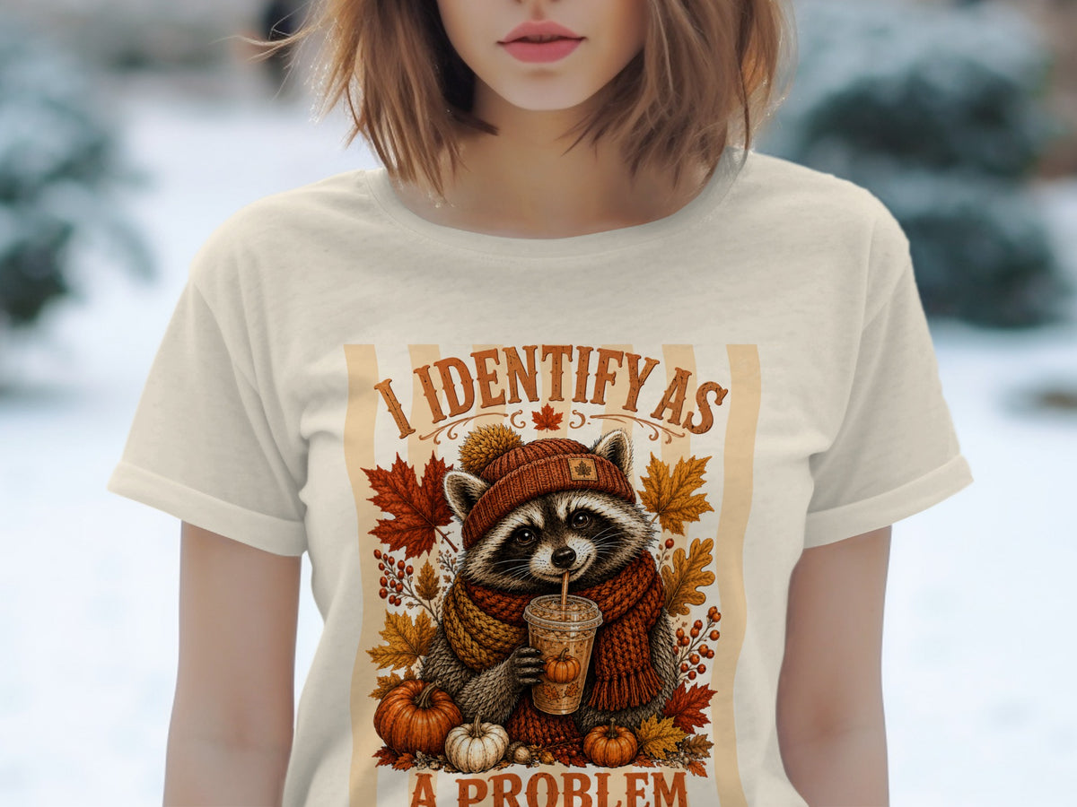 Raccoon wearing a scarf and hat, holding a drink, with autumn leaves and pumpkins.