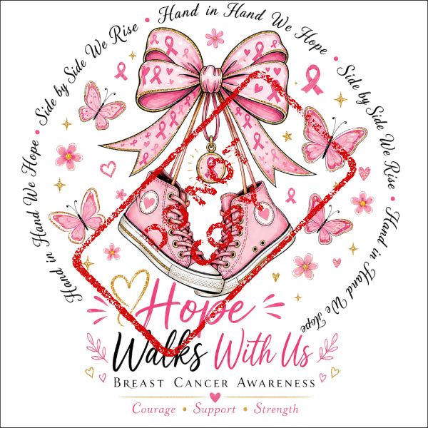 Pink Converse shoes with breast cancer awareness ribbon, butterflies, and text.