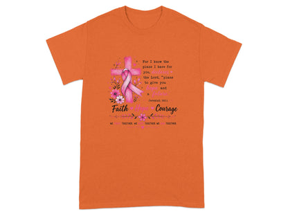 Orange t-shirt with pink ribbon, cross, flowers, and Jeremiah 29:11 quote.