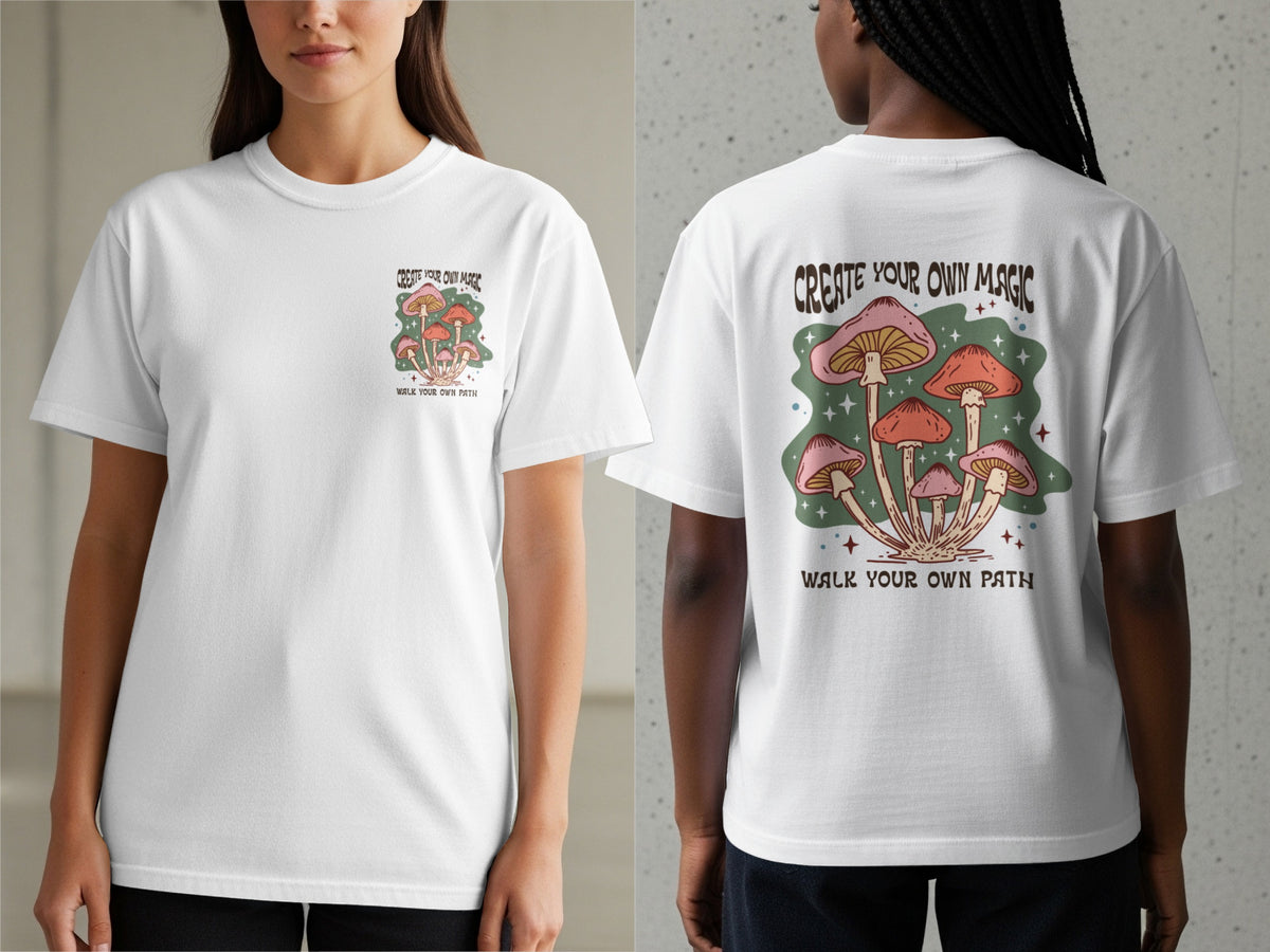 White t-shirt with "Create Your Own Magic" and mushroom graphic.