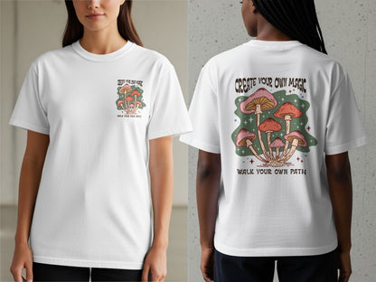 White t-shirt with "Create Your Own Magic" and mushroom graphic.