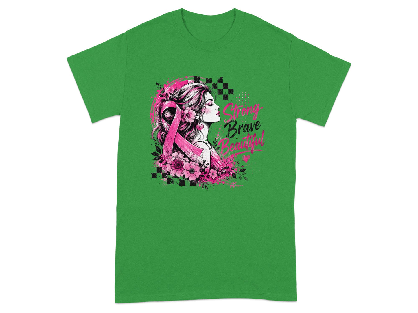 Green t-shirt with a woman's profile and pink breast cancer ribbon with text "Strong Brave Beautiful".